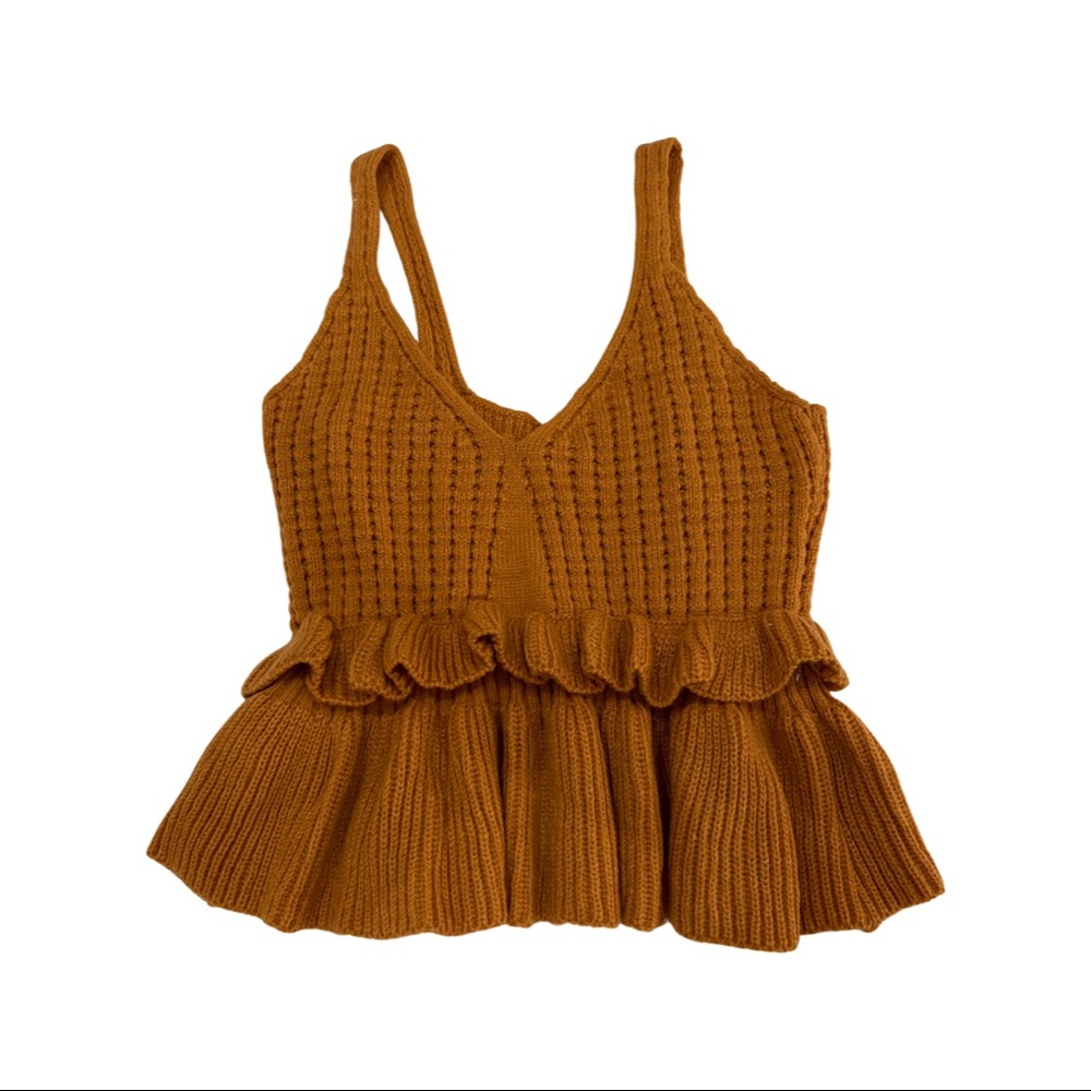 Women's Casual Knit Top Sleeveless Ruffle Hem V Neck Peplum Crop